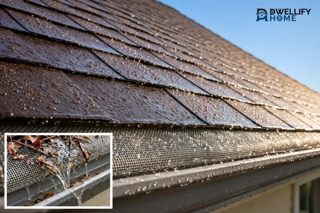 Wet shingle roof edge with a fine mesh gutter guard fitted over the gutter, with a close-up inset of rainwater passing through the mesh while leaves stay on top at the bottom left