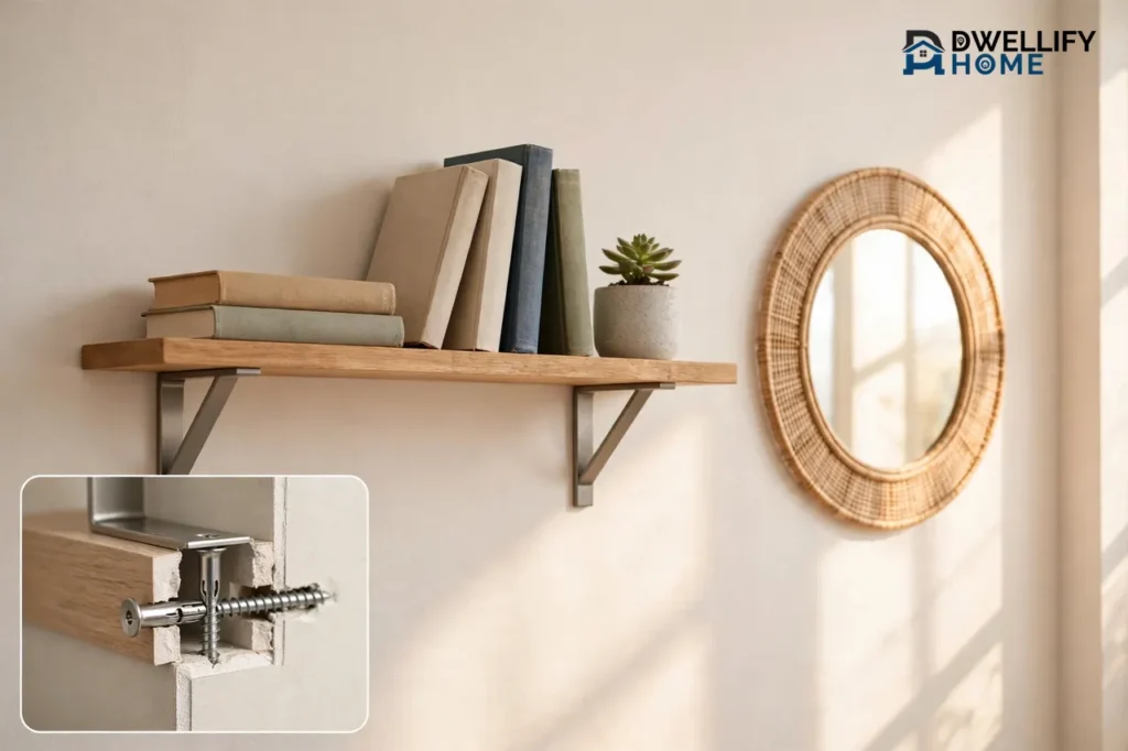 A clean wall with a bracket-mounted shelf holding books and a plant beside a round mirror, plus a cutaway inset of a metal wall anchor gripping inside drywall.