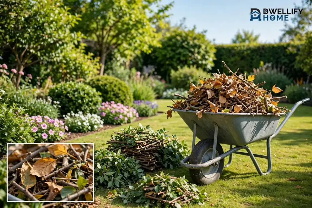 Wheelbarrow heaped with garden leaves and branches in a sunny garden