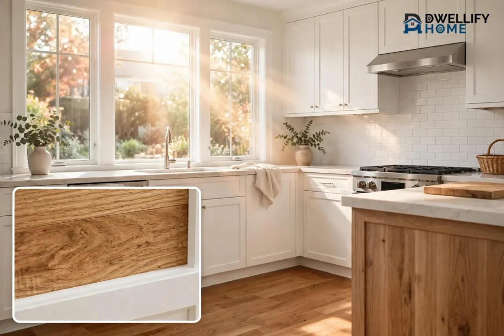 Bright sunlit kitchen with warm honey-oak hardwood floors and crisp white cabinets, with a magnified inset of the hardwood grain in the bottom-left corner