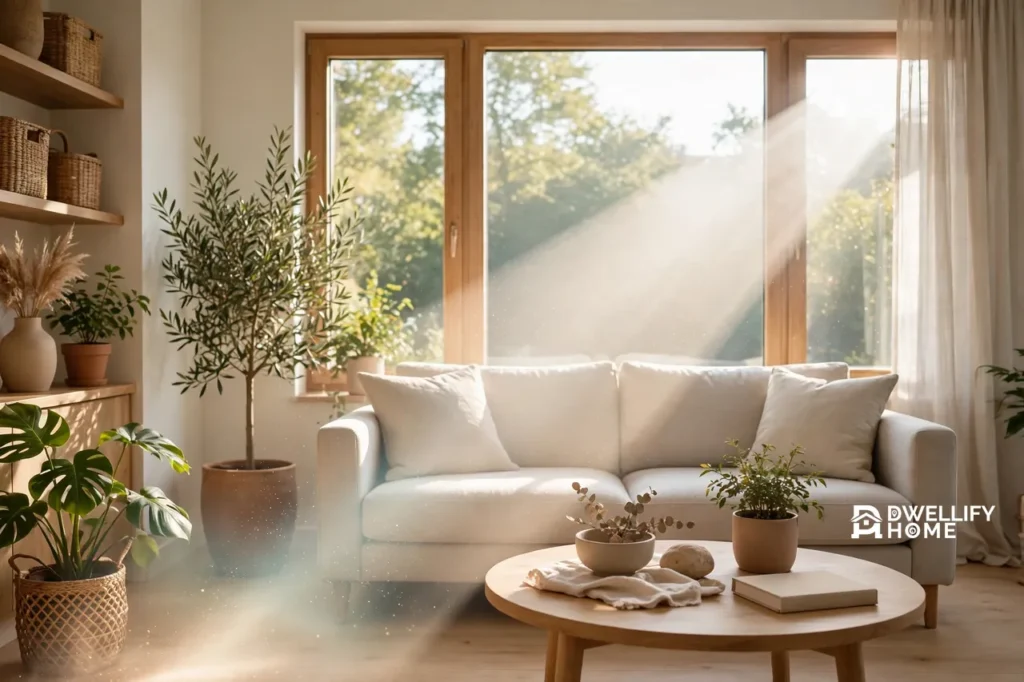 Bright living room with a soft visible haze in a sunbeam coming through large windows, a white sofa, indoor plants and a round coffee table, the room still clear and well lit