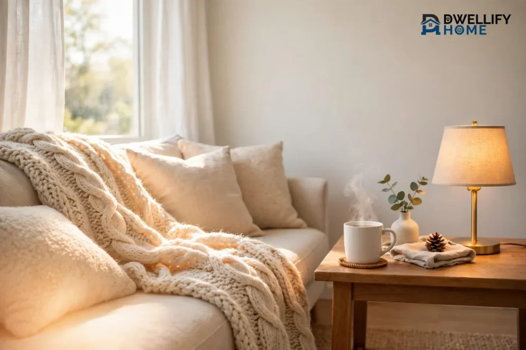 Cozy living room with chunky knit throw, cushions, and a steaming mug in warm lamplight