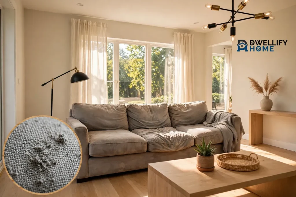 Worn grey sofa in a freshly renovated room, with a dust-in-fabric inset