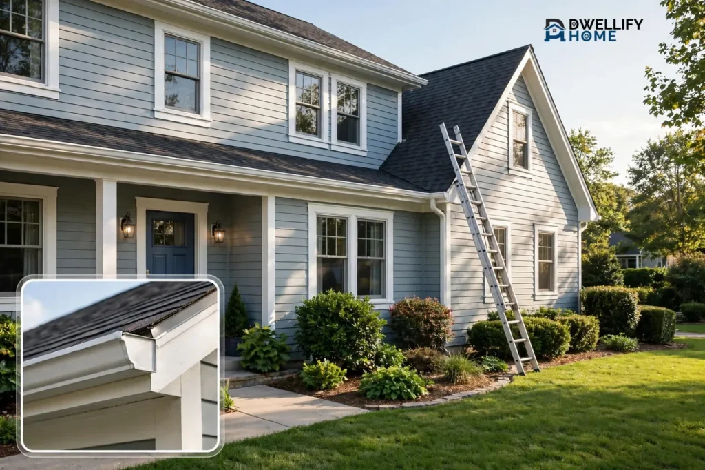 Well-kept home exterior with a ladder at the roof edge, with a clean gutter inset