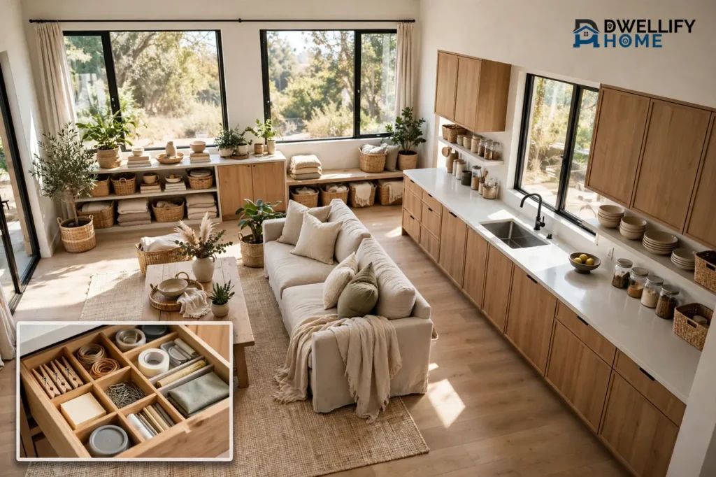 Bright wide view of an organized open-plan living room flowing into a tidy kitchen with baskets, folded linens and clear counters, with a bottom-left close-up inset of a drawer organizer with sorted small items
