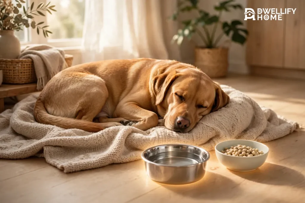A calm golden dog resting curled on a soft blanket in a sunlit living room with a steel water bowl and a bowl of plain food nearby