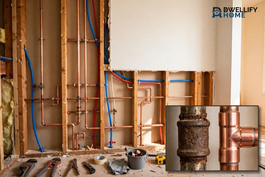 Opened interior wall with new copper and red and blue PEX supply pipes run through the studs, and a bottom-right inset comparing an old corroded pipe with a new copper pipe joint