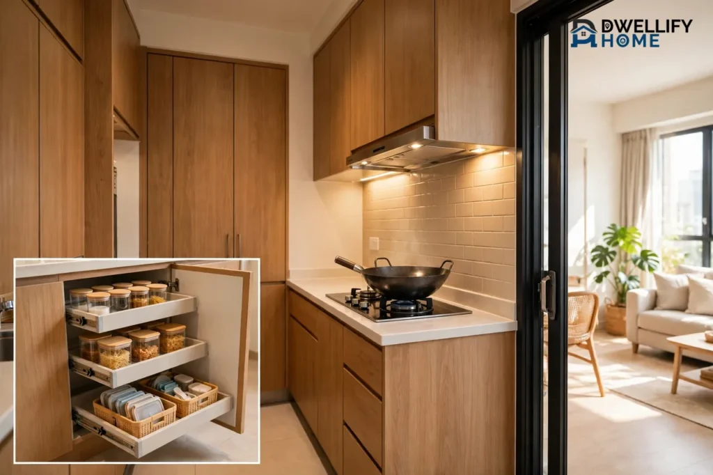 Compact Hong Kong-style kitchen with floor-to-ceiling wooden cabinets, a wok on the stove under a range hood, and a glass sliding partition open to a bright living area, with a close-up inset of pull-out storage shelves