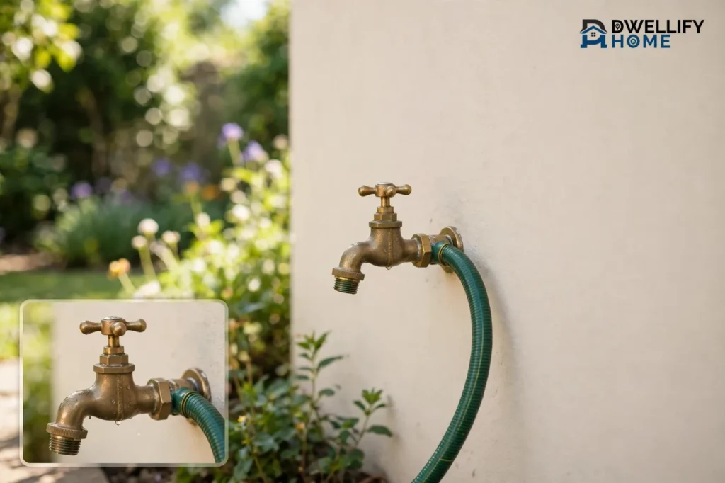 Wall-mounted brass hose faucet with hose attached, with a faucet-detail inset