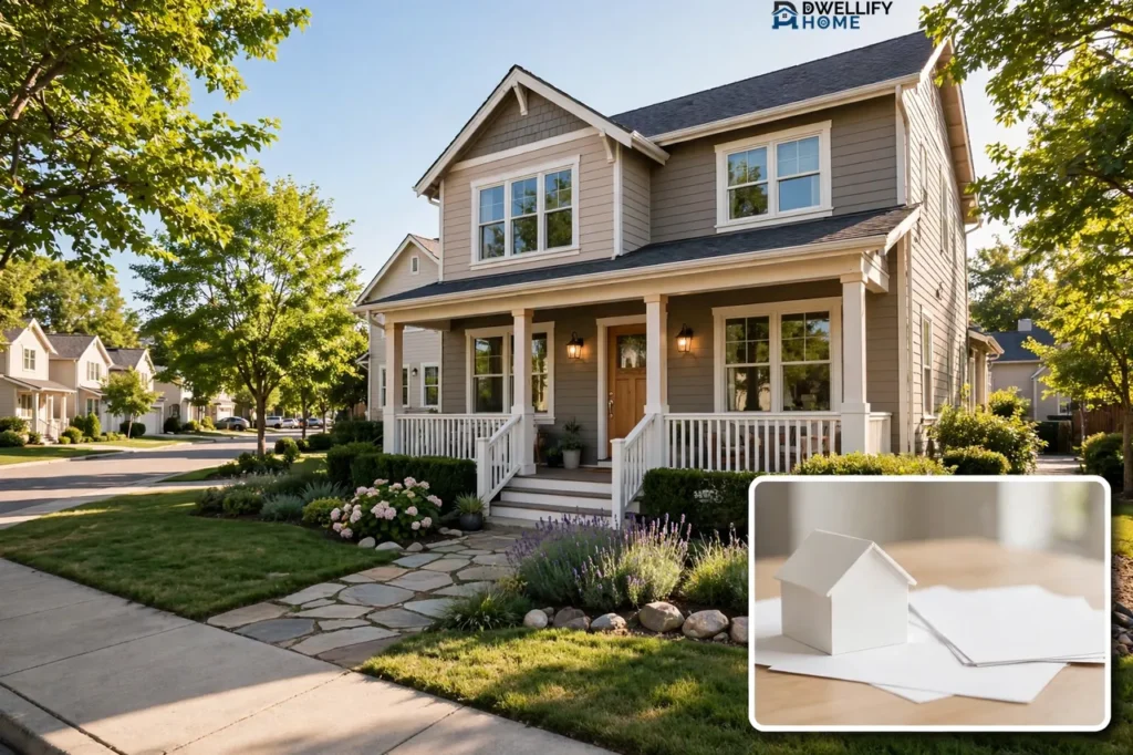 Welcoming suburban home exterior with an inset of a plain white house model and blank papers