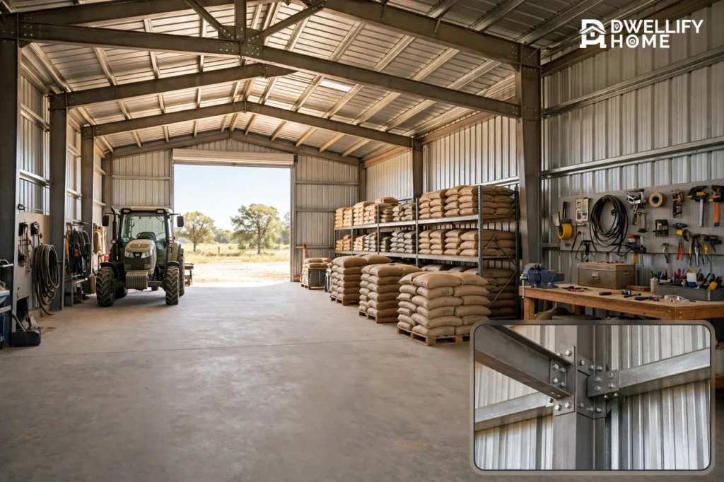 Clear-span steel farm building interior with tractor bay feed storage and workbench, bolted frame joint inset