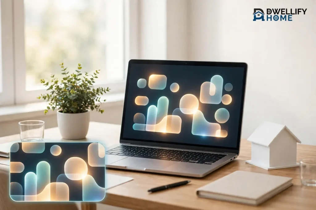 Bright modern real estate agent desk with a laptop showing a glowing abstract dashboard of blank shapes, a small white model house beside it, and a magnified close-up inset of the glowing dashboard in the bottom-left corner