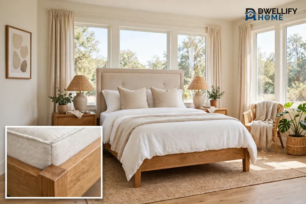 Queen bed with wooden frame and upholstered headboard centred in a bright bedroom with clear walking space around it, with a close-up inset of the mattress edge and frame rail