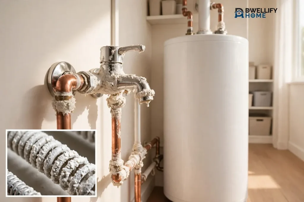 Chalky scale crusted on faucet and pipes beside a tank water heater, scale-coated heating element inset