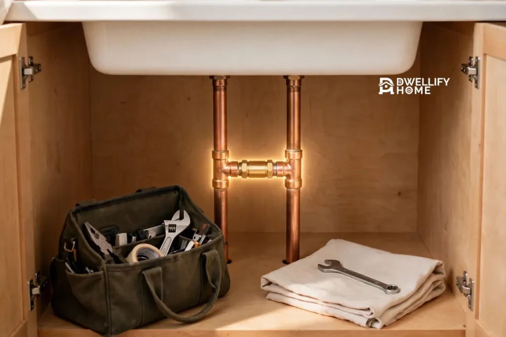 Copper pipes under a kitchen sink with a glowing newly fitted brass joint, a plumber's tool bag, wrench and folded cloth nearby