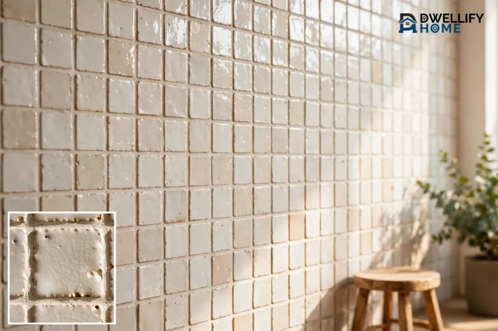 Sunlit wall of handmade white zellige tiles with varied glaze and soft grout lines, a close-up inset of the crackled glaze texture at the lower left, a wooden stool and potted plant at the edge