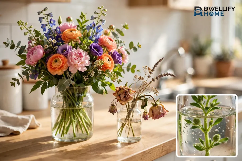 A fresh colourful bouquet in a glass vase beside a small vase of fading drooping roses on a sunny kitchen counter, with a magnified inset of a fresh green stem in clear water