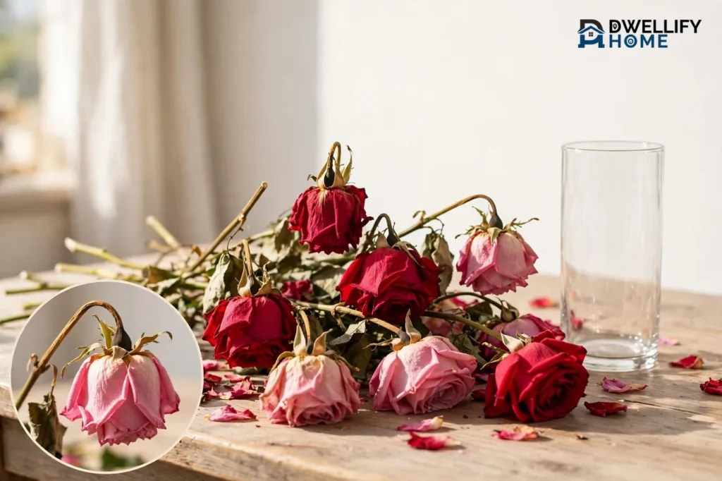 Wilting red and pink roses drooping on a wooden table beside an empty glass vase, with a magnified close-up of a drooping rose head in the bottom-left corner