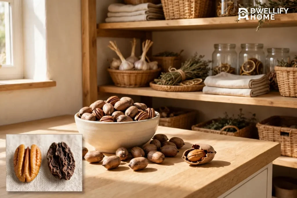 Bowl of in-shell pecans on a pantry counter with one cracked open showing a fresh kernel, with a plump fresh kernel beside a dark shriveled one
