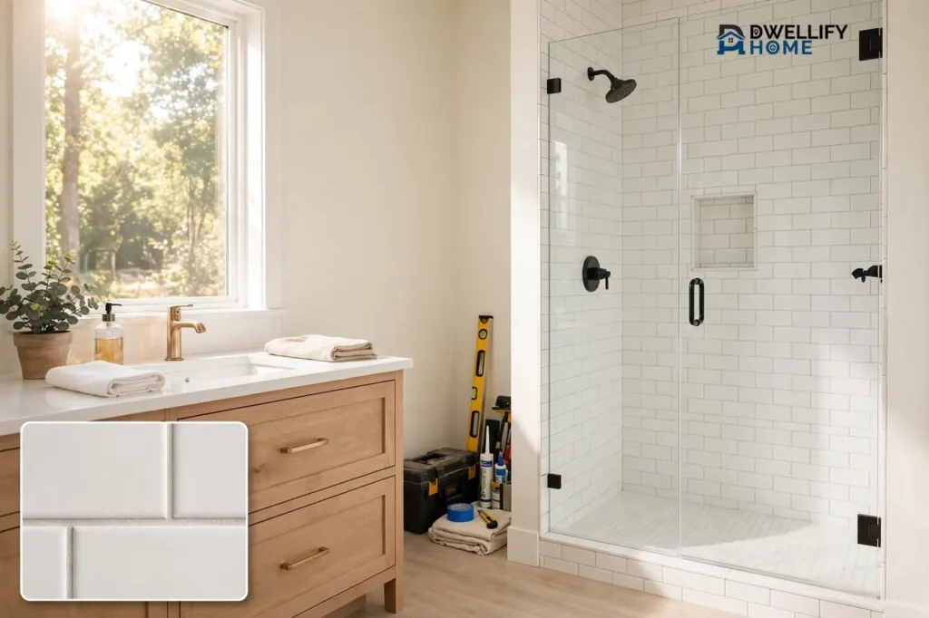 Bright bathroom mid-remodel done well, with a new white tiled walk-in shower, light-wood vanity, and neatly kept tools, plus a magnified close-up of the new white tilework in the bottom-left corner