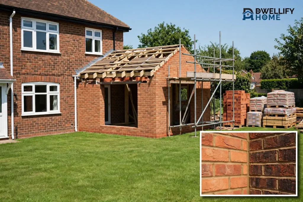 New brick house extension joined to existing house with tidy scaffolding, brick junction inset