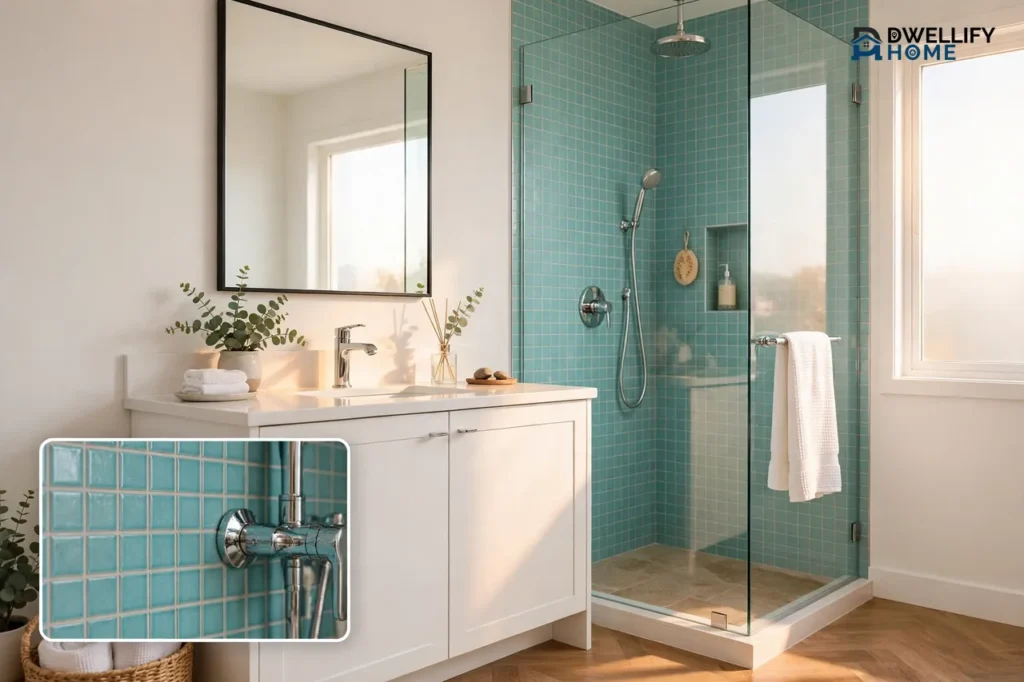 Bright freshly renovated bathroom with a white vanity and turquoise tiled walk-in shower, and a close-up inset of the turquoise tile and chrome faucet in the bottom-left corner