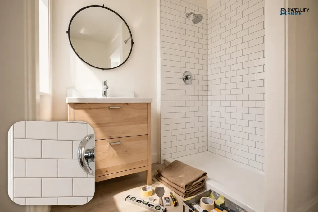 Small bathroom near completion with a new subway-tile shower and wood vanity, tools still out, and a close-up inset of new tile and chrome fixture