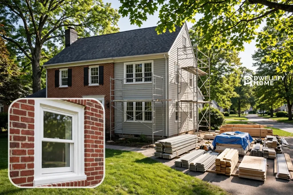 Classic brick colonial home mid-renovation on a leafy street with scaffolding and new windows, and a close-up inset of new window trim against brick