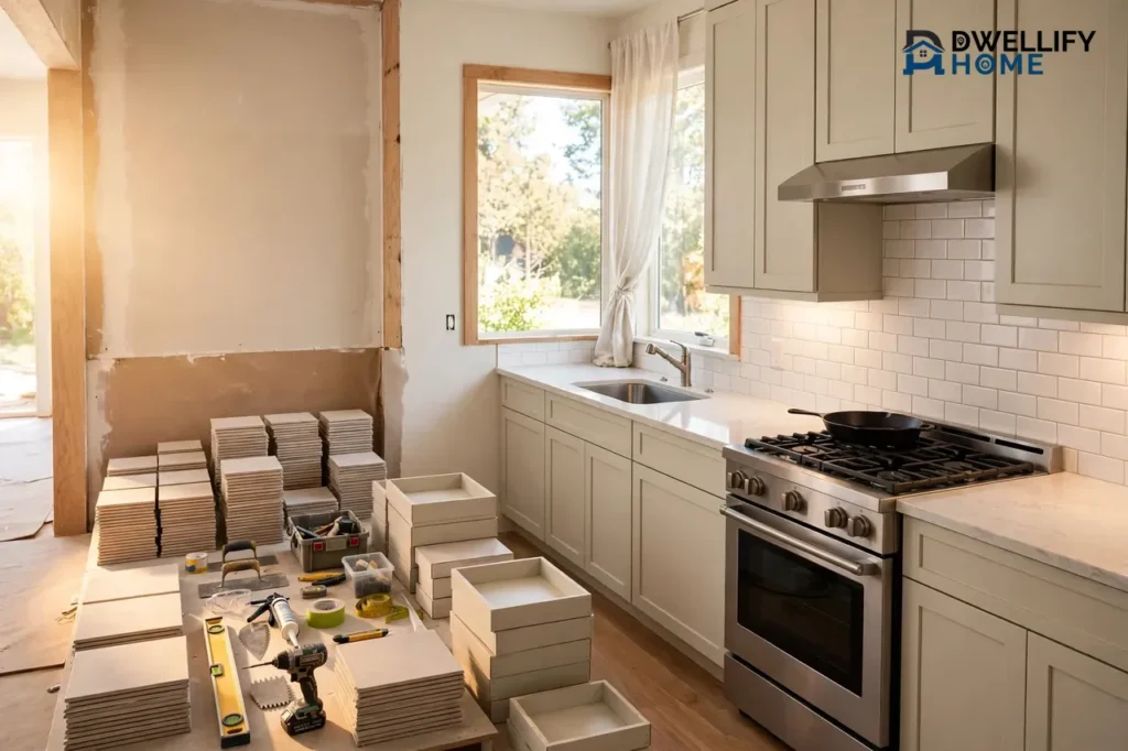 Kitchen mid-renovation progressing from bare wall and stacked tiles to finished cabinets, sink and range