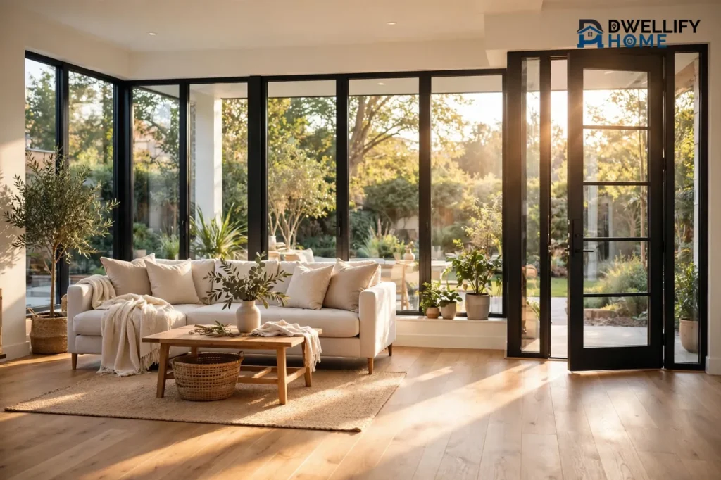 A bright living room flooded with sunlight through floor-to-ceiling black-framed windows and a modern glass-panelled entry door, with a pale sofa and wooden floor