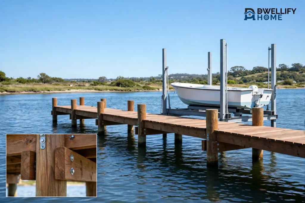 Wooden piling dock with a boat lift on calm water and a piling and decking inset