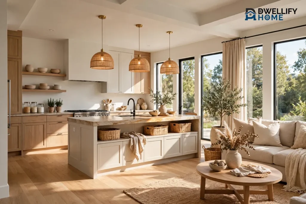 A bright, fully remodeled open-plan kitchen and living room with a stone island, woven pendant lights, wood floors, and sunlight streaming through large windows.
