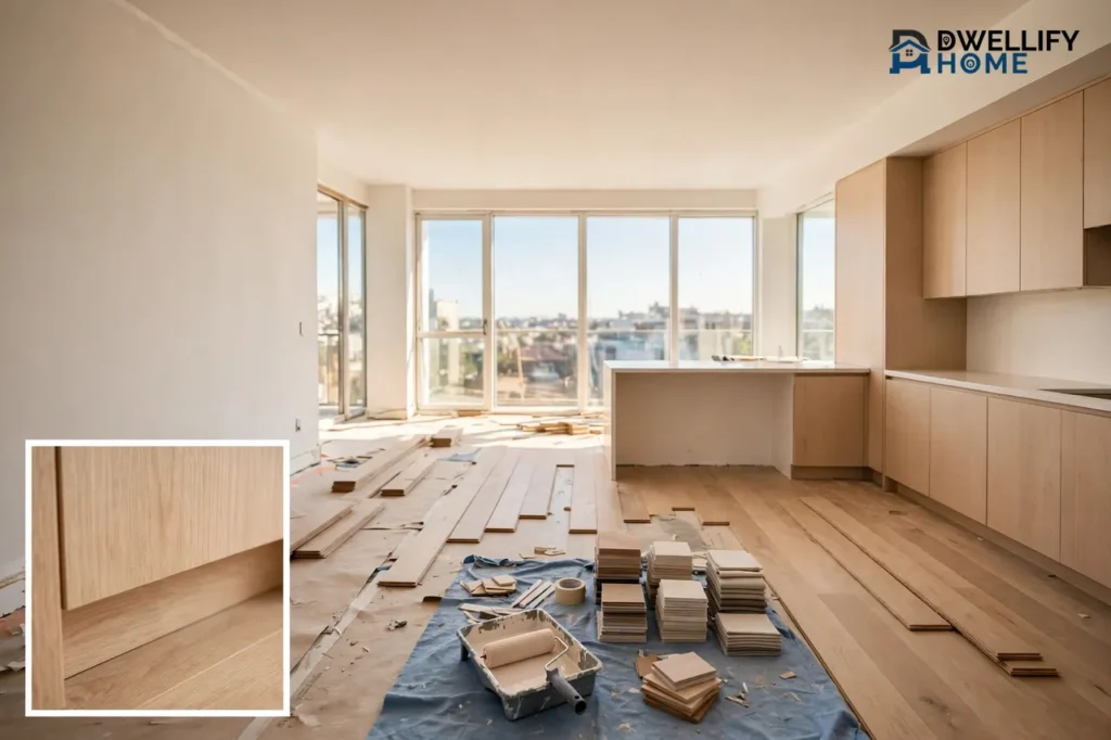 Bright apartment mid-renovation with new cabinets and plank flooring being laid and material samples nearby, and a close-up inset of the cabinet and floor finish