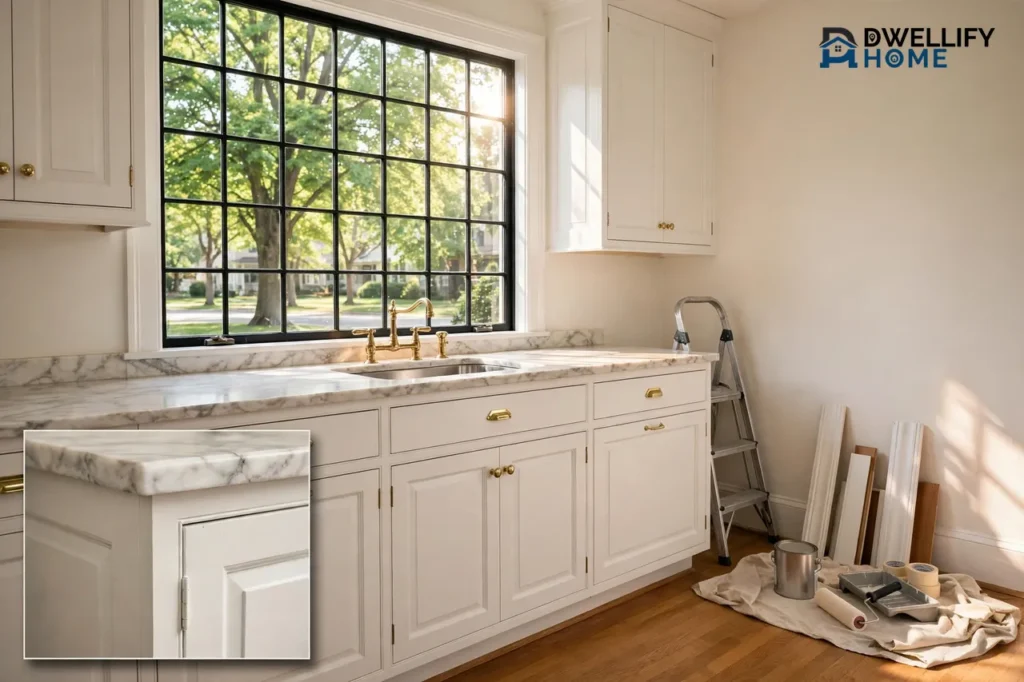 Bright traditional kitchen with white shaker cabinets, marble counters and a window onto a leafy street, with a close-up inset of cabinet and countertop detail