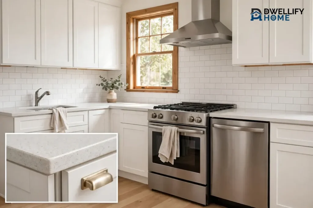 Bright freshly remodeled compact white kitchen with shaker cabinets, quartz counters and stainless range, with a small inset photo of the quartz countertop edge and brass cabinet pull