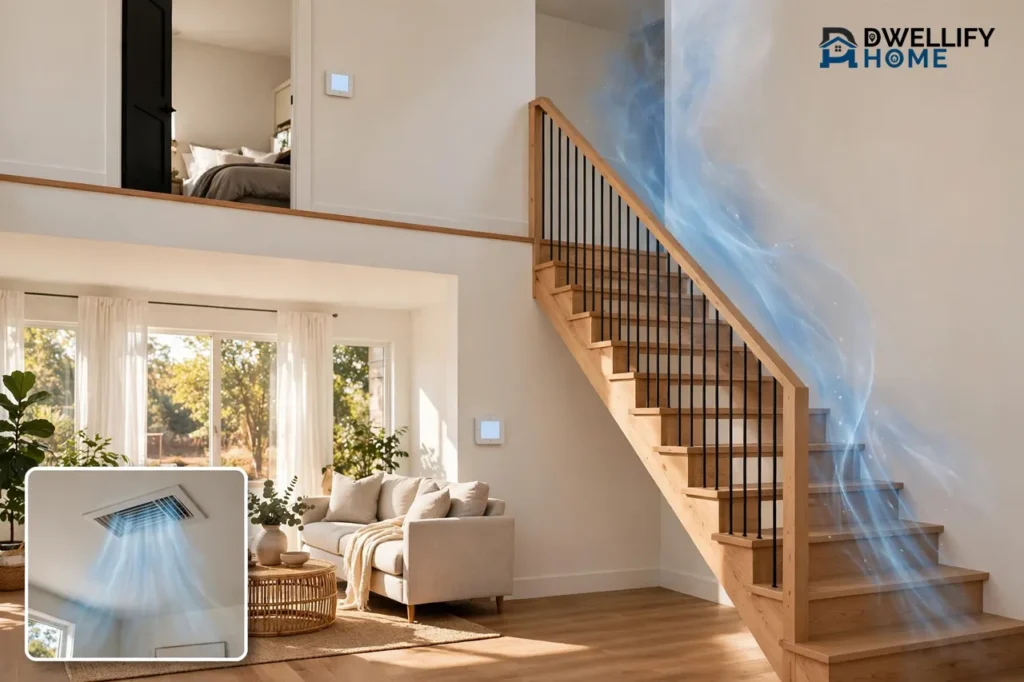 Two-story home with cool airflow rising up the staircase and a vent inset
