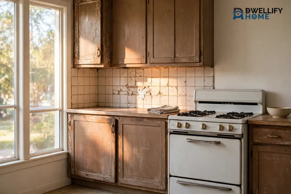 Bright kitchen honestly showing worn cabinet finish and a chipped tile backsplash in warm sunlight