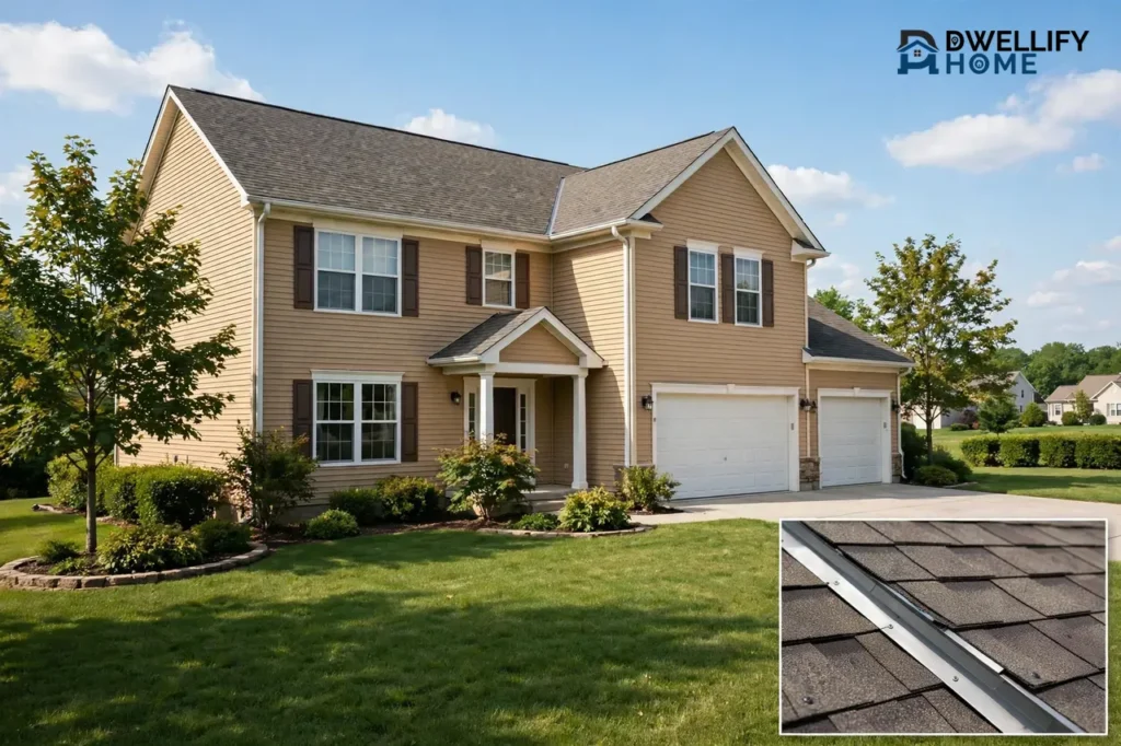 Bright suburban home exterior with a clean shingle roof in good condition, with a small inset close-up of shingles and metal flashing