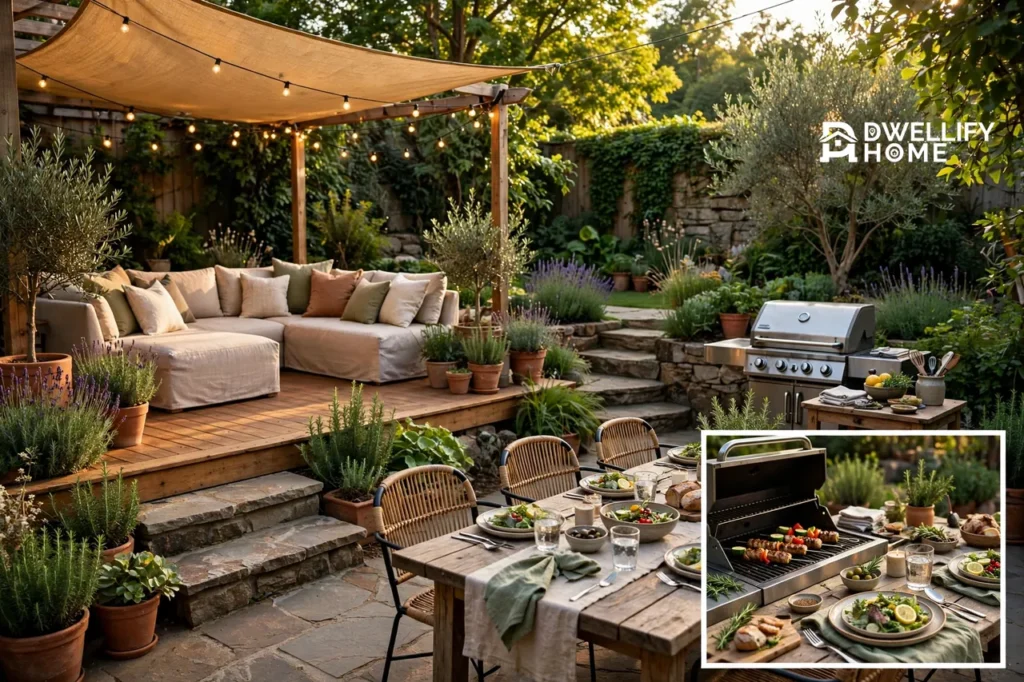 Backyard patio with lounge dining grill and shade sail zones, grill and dining inset