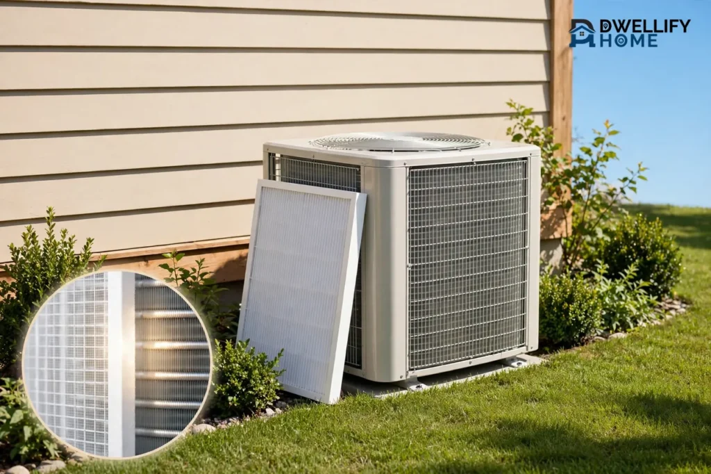 Clean, well-kept outdoor air conditioner unit in a tidy garden with a clean white air filter leaning against it, with a magnified close-up inset of the clean filter and coil fins in the bottom-left corner