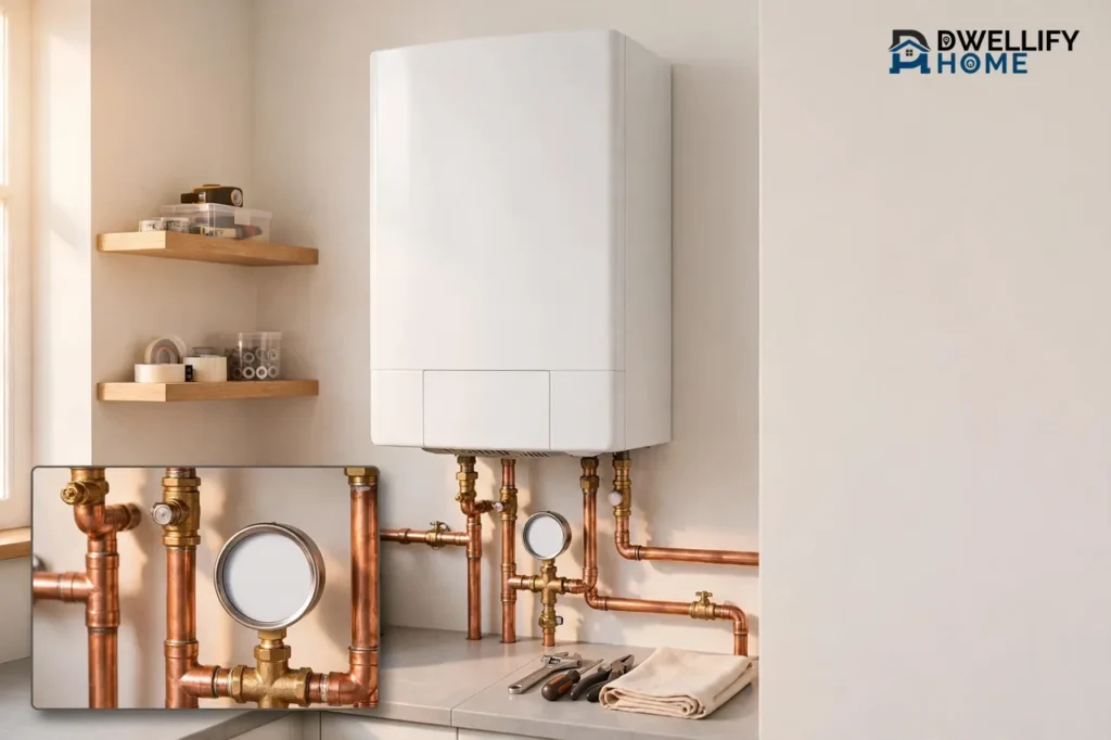 White wall-mounted boiler with copper pipes, blank pressure gauge and service tools