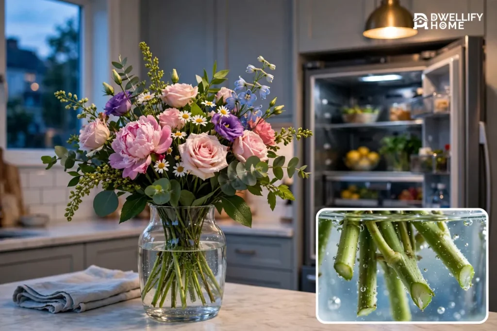 A fresh bouquet of pink roses and peonies in a glass vase of cool water on a kitchen counter in the evening, beside an open refrigerator, with a magnified inset of trimmed stems in water