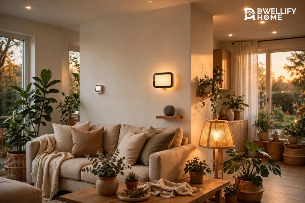 Warm, comfortable living room with a sofa and lamps, a wall thermostat with a blank glowing screen, a smart speaker and warm ceiling lights