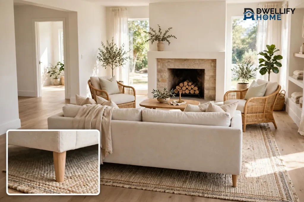 Balanced living room with sofa anchored on a large rug facing a stone fireplace, armchairs on either side and a clear walkway, with a magnified close-up of a sofa leg on the rug in the bottom-left corner