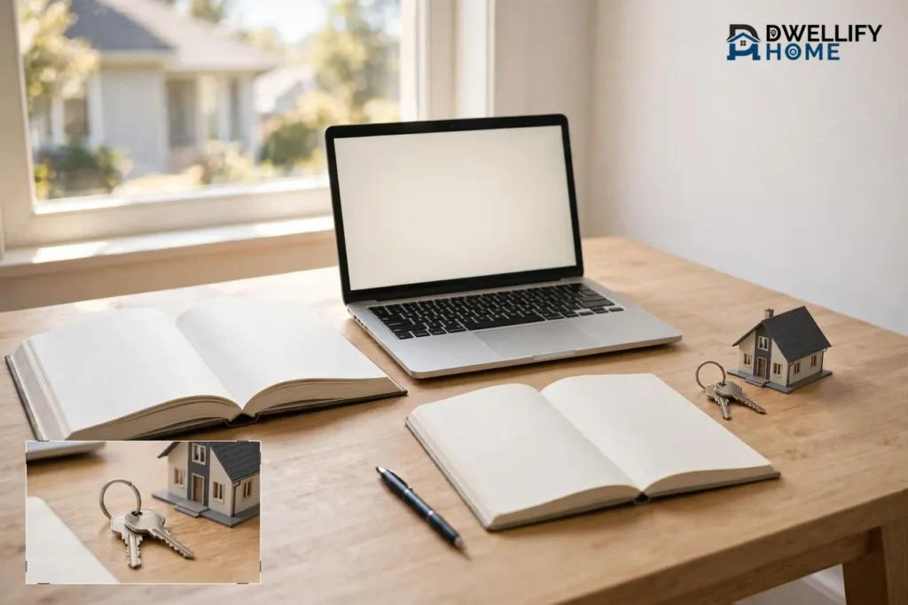 Study desk with blank books, blank laptop screen, house keys and a model house, keys and model house inset