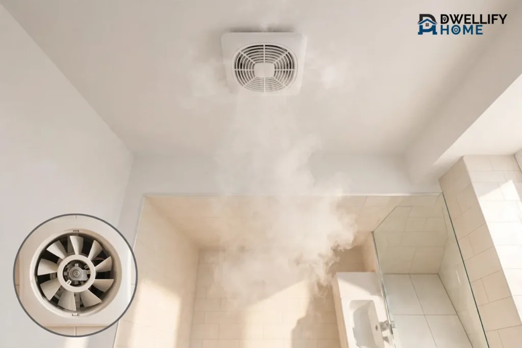 Bright bathroom ceiling exhaust fan clearing steam, with a magnified inset of the fan blower and motor