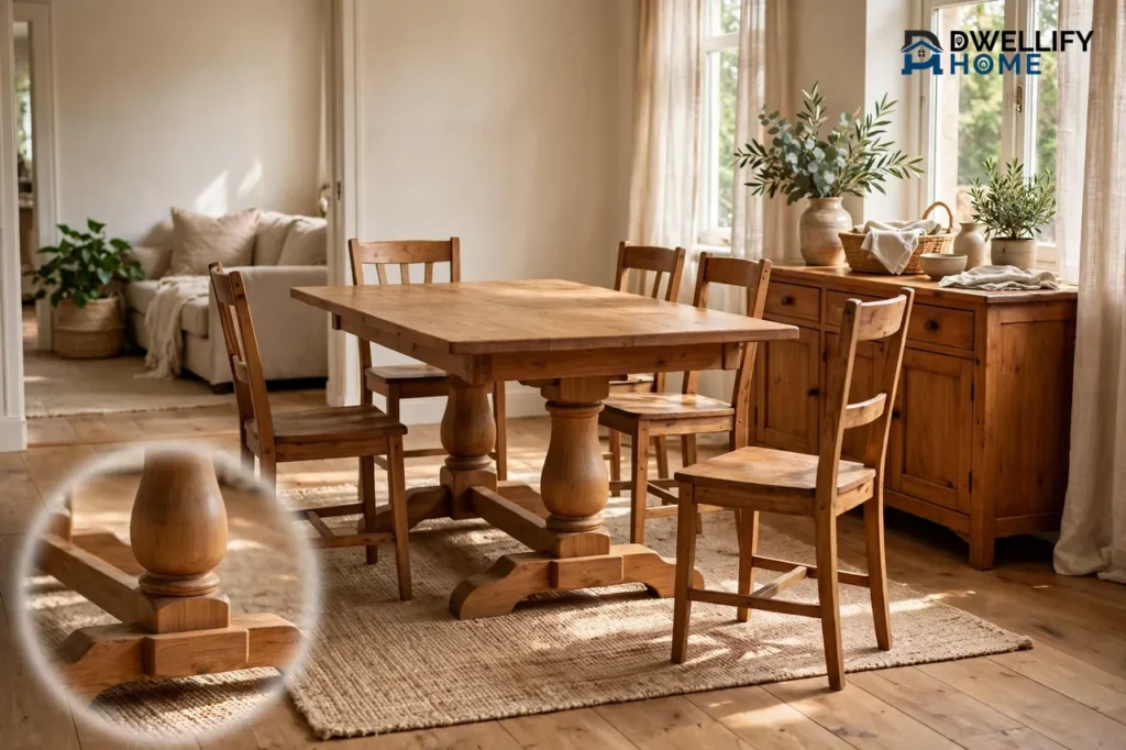 Wooden pedestal dining table with clear chair clearance in a dining room, with a pedestal-base inset