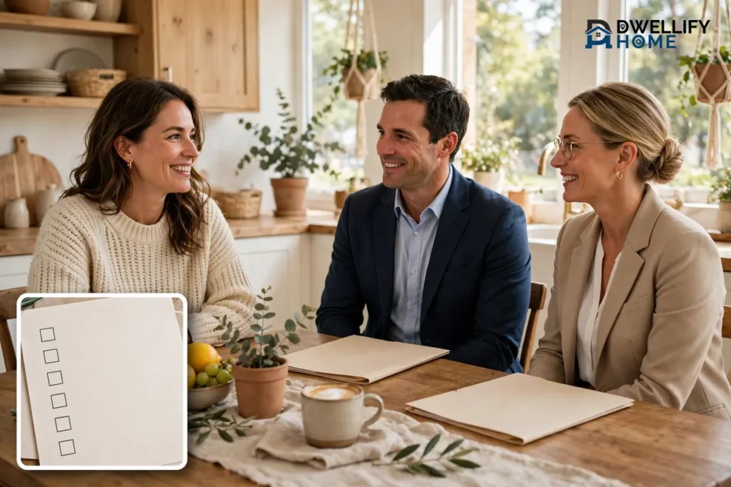 Homeowner couple meeting two real estate agents at a table with blank folders and a blank checklist inset