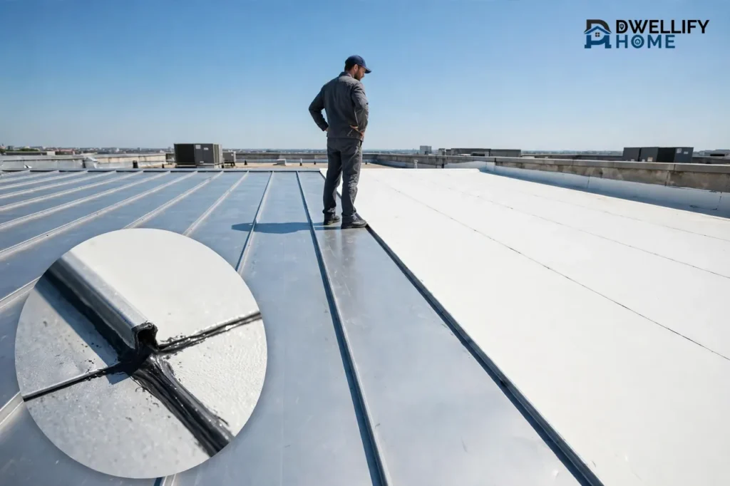 Roofer in plain work clothes inspecting a large flat commercial roof of metal and white membrane panels under a clear sky, with a circular magnified close-up of a sealed roof seam at the bottom left, and the Dwellify Home logo at the top right
