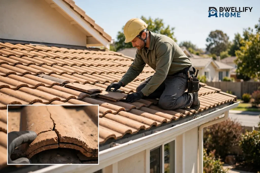 Roofer in plain workwear and helmet examining tiles on a low-pitch roof, with a cracked-tile inset